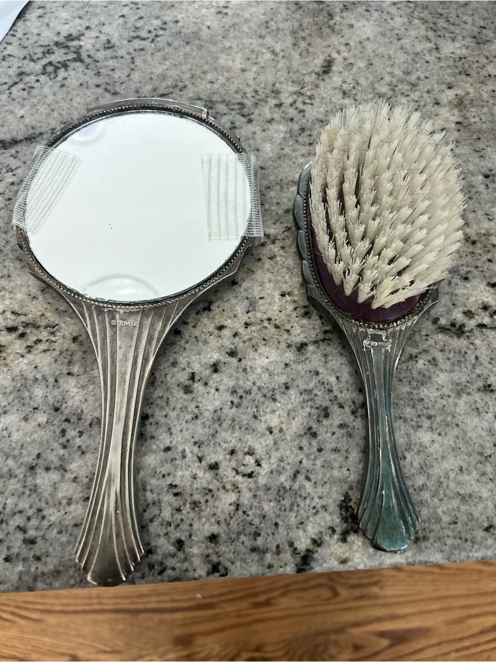 TOWLE Art Deco Vanity Set, Silver Mirror and Brush, 1940s-50s